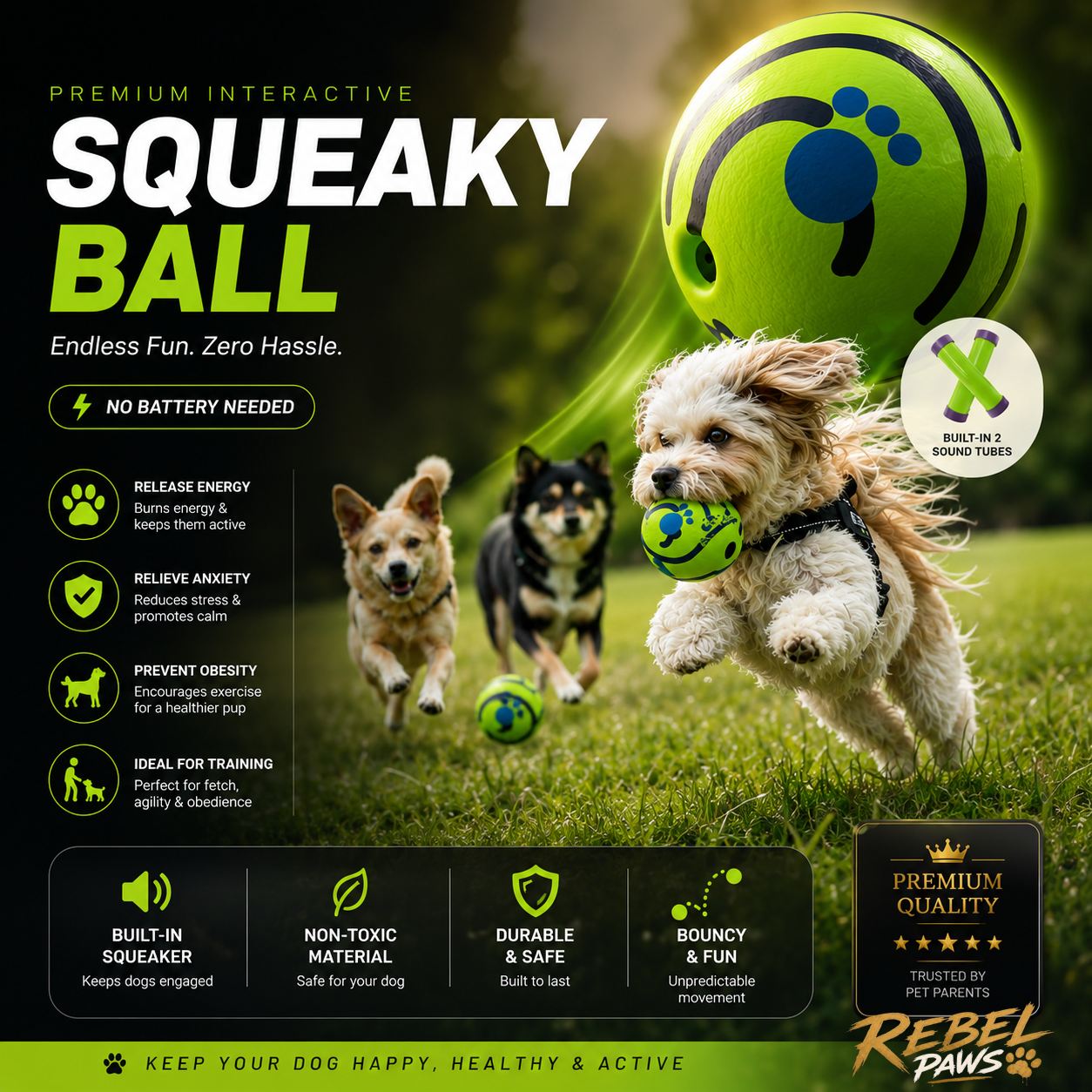 REBEL PAWS™ Premium Interactive Squeaky Ball